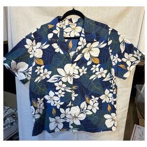 Go Barefoot Hawaiian Shirt Men's 2XL Aloha Floral Tropical Blue Cotton